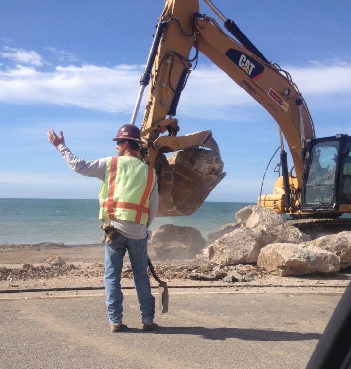 CalTrans Workers Move Boulders to Rebuild Beach