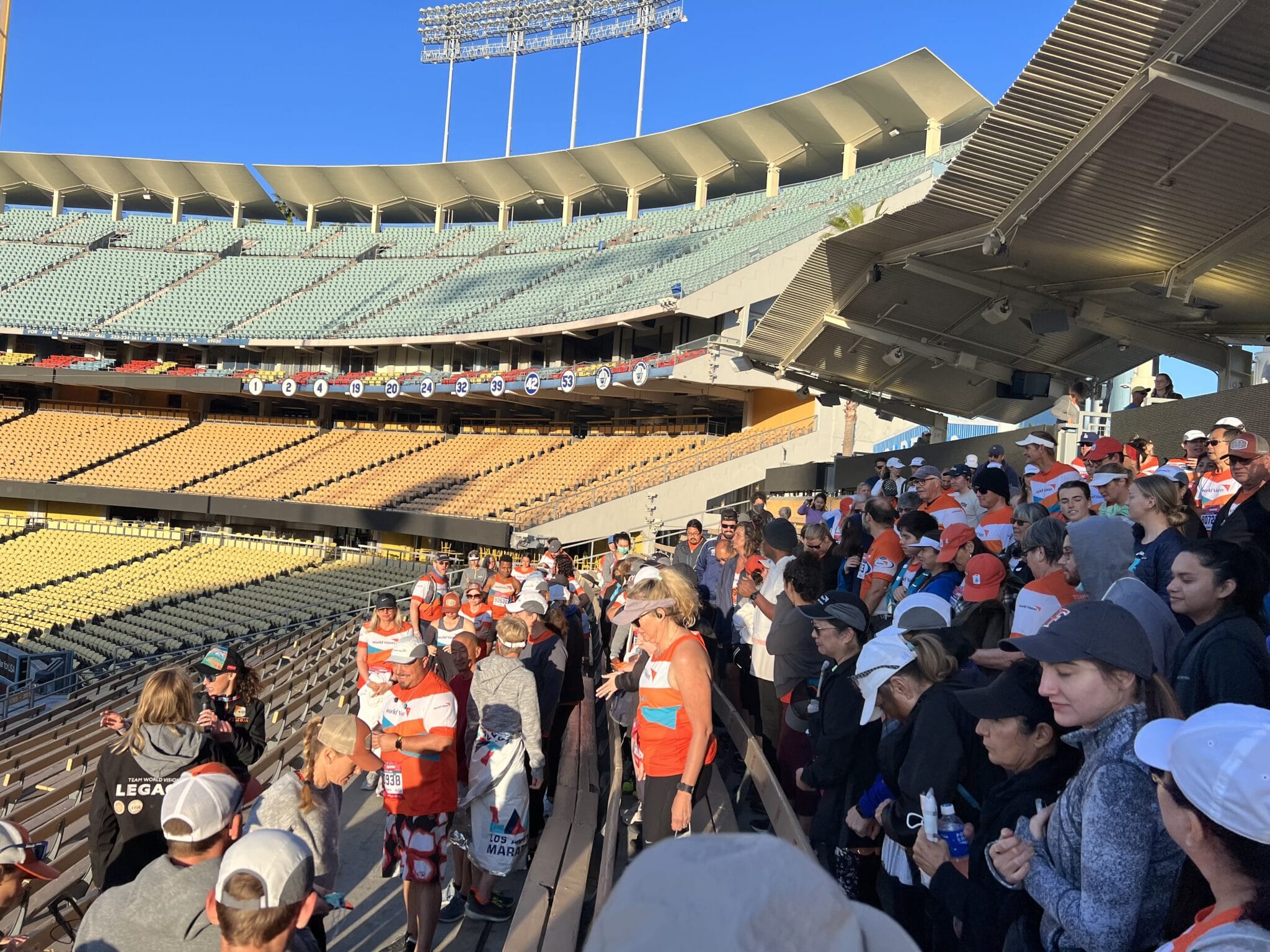 Team World Vision members in Dodger Staduim before the L.A. Marathon. scaled