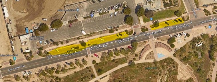 Spectator zone highlighted in yellow taking the parking spaces in front of Malibu Library on Stewart Ranch Road.