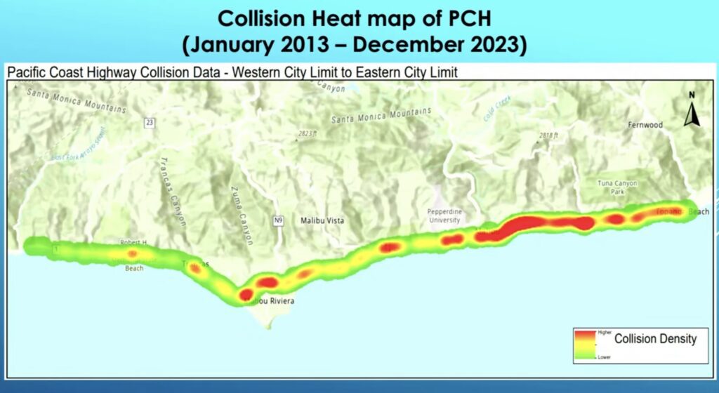 This graphic shows the areas that are most prone to accidents on Pacific Coast Highway in Eastern Malibu from January 2013 to December 2023. Contributed graphic.