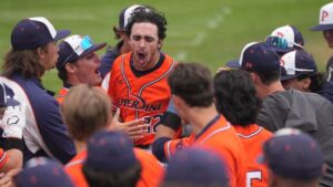 The Pepperdine Waves baseball team celebrates during their win over Pacific. Photp by Morgan Cheatham