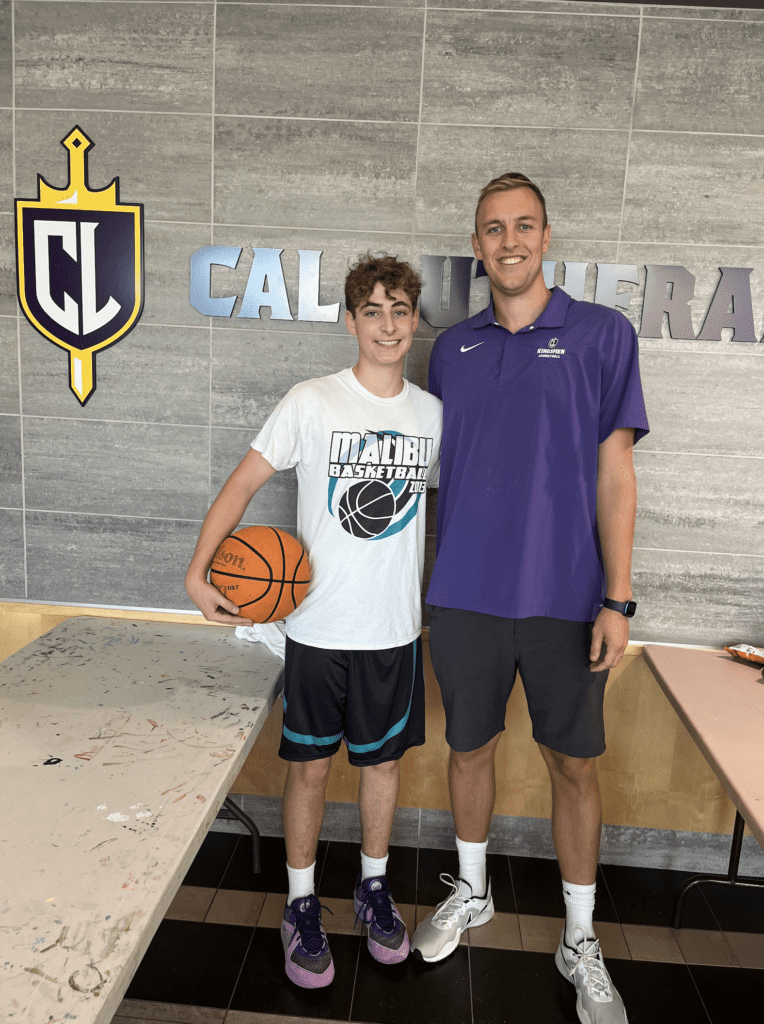 Malibu High boys basketball player Dylan Goosen with Cal Lutheran mens basketball associate head coach Kyle Milligan. Photo by David Goosen