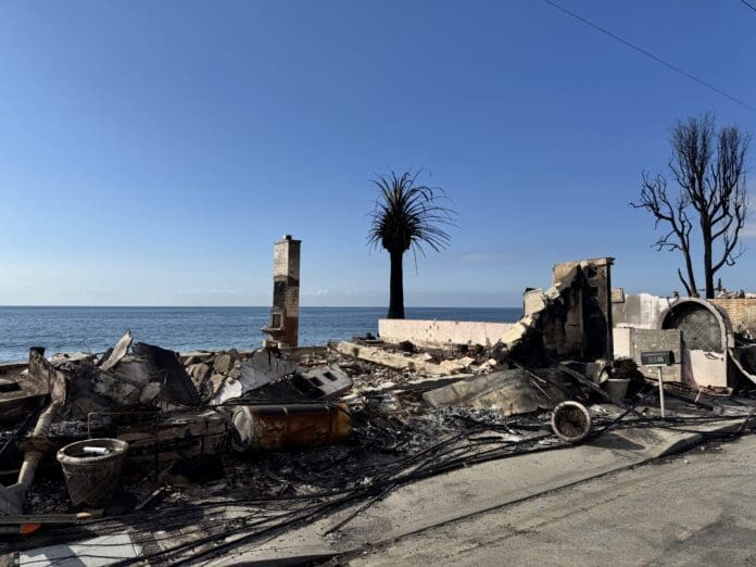 Palisades Fire aftemath along PCH Malibu